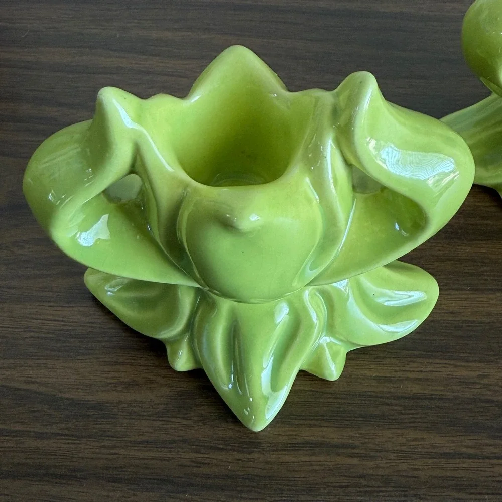 Vintage Chartreuse Green Ceramic Tulips Floral Candle Holder Set of 2 MCM READ
